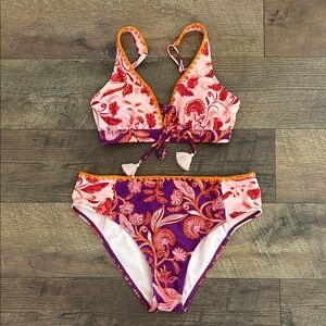 Cupshe Purple Orange Pink Floral Tie-Front Bikini